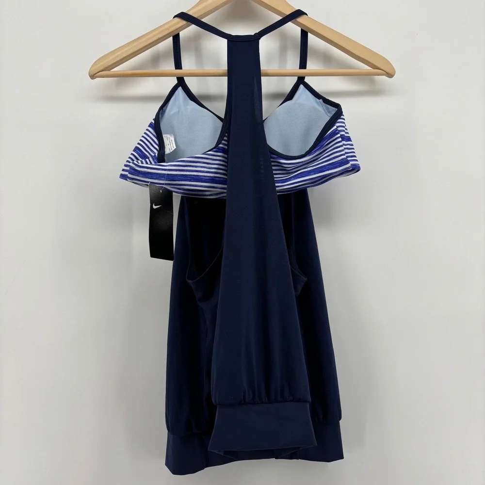 NWT Nike Womens Swim Tankini Top S Navy Blue Striped 2-in-1 Racerback‎ Vacation